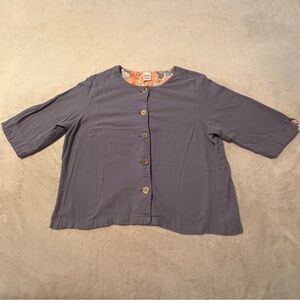 Blair Soft Blue Button-Up Blouse Contrast Floral Sleeve 100% Cotton